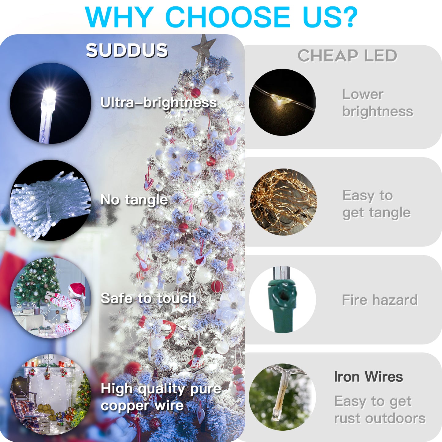 SUDDUS White String Lights with Timer & 12 Modes, Plug-in Twinkle Lights, Connectable Indoor Outdoor Fairy Lights for Christmas Tree, Bedroom, Wedding, Party Decor