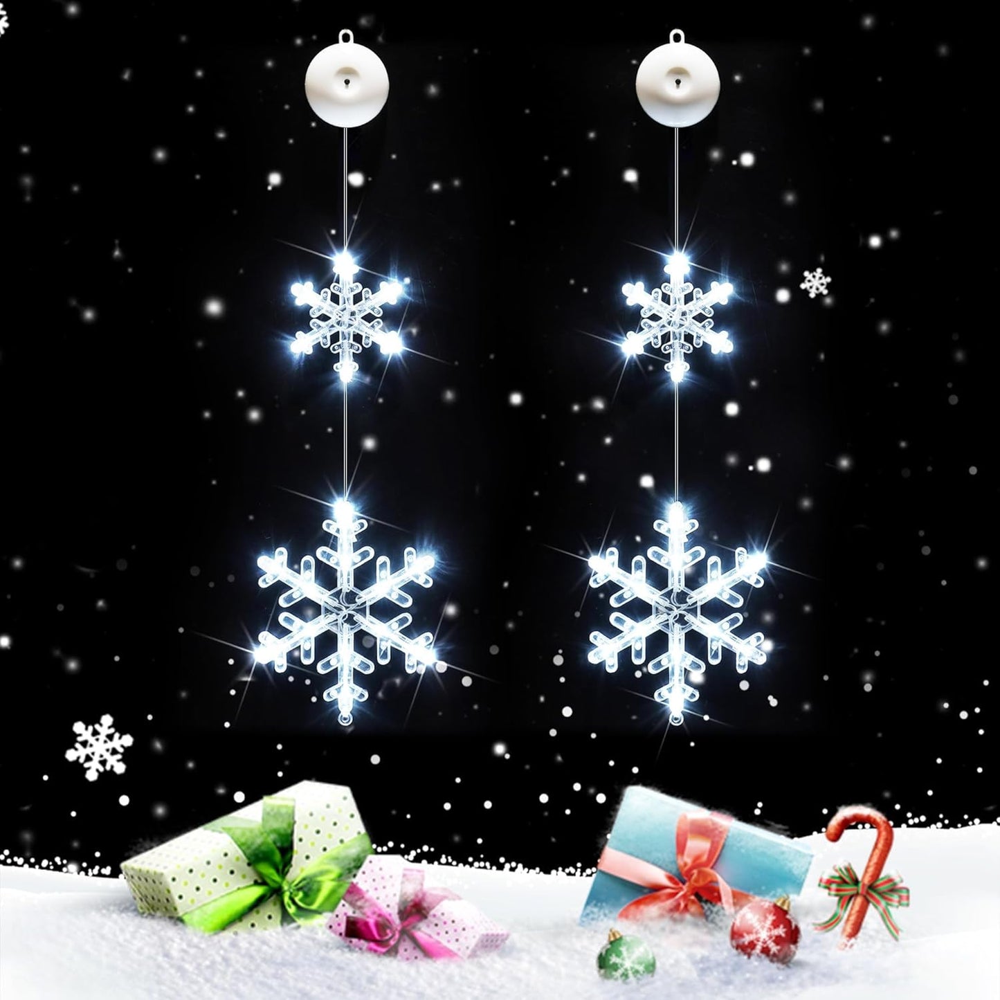 SUDDUS 3-Pack Battery Operated Window LED Lights with Suction Cups, Tree + Bell + Star Icons, Multicolor Hanging String Lights with Timer for Indoor Holiday Décor