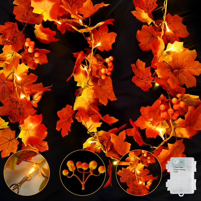 SUDDUS 6.5ft Battery-Operated Fall Leaf Garland with 20 LEDs, Timer & Realistic Maple Leaves with Berries – Indoor/Outdoor Autumn Décor