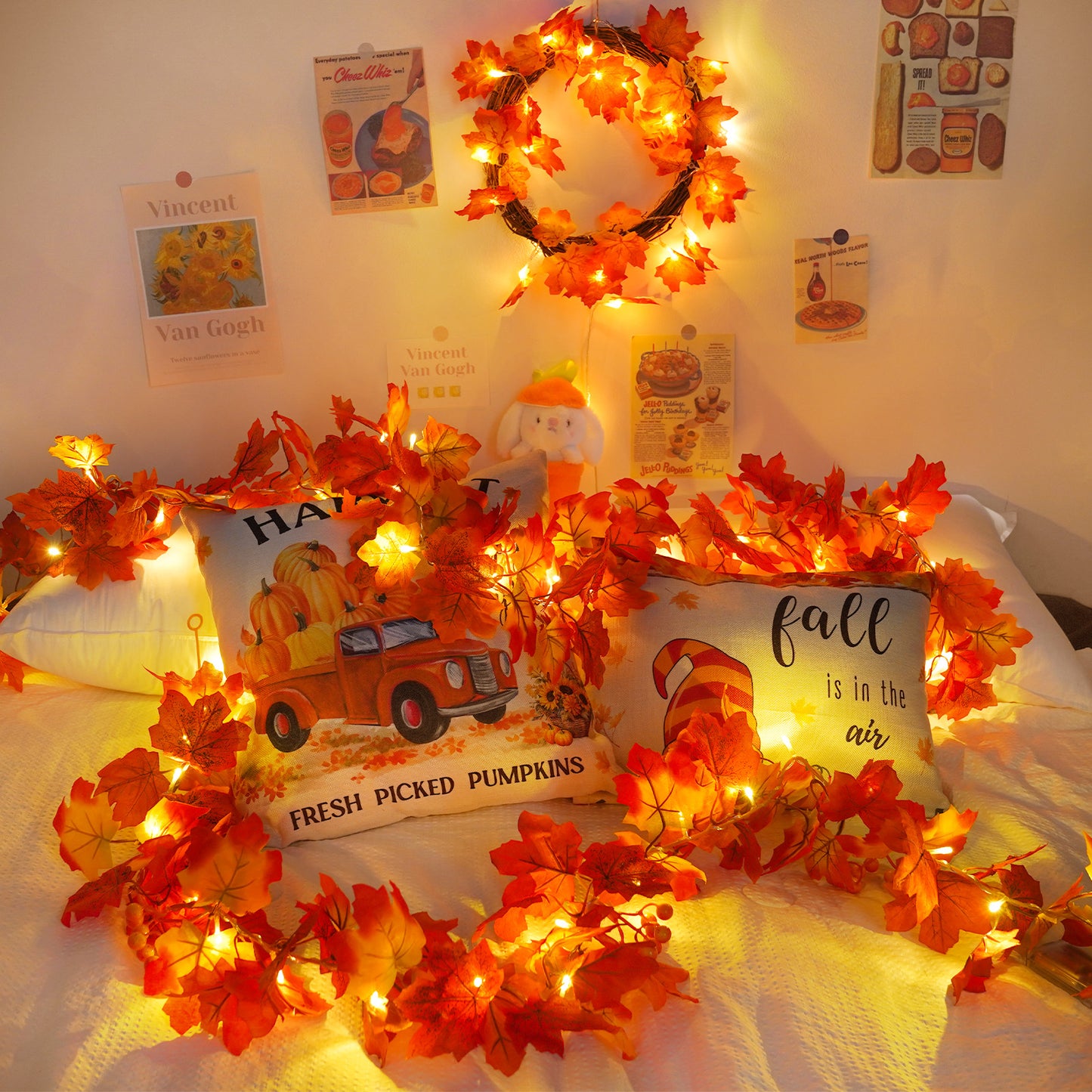 SUDDUS 6.5ft Battery-Operated Fall Leaf Garland with 20 LEDs, Timer & Realistic Maple Leaves with Berries – Indoor/Outdoor Autumn Décor