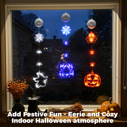 SUDDUS 3-Pack Halloween Window Lights – 20.9″ Pumpkin & Spider LED Battery-Operated Window Hangings with Suction Cups, Orange & Purple Decor