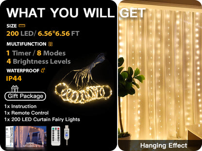 SUDDUS 200 LED USB Curtain Fairy Lights, 6.5×6.5 ft Plug-in String Lights with Remote, Timer & Dimming, Waterproof Indoor/Outdoor Window & Wall Decor