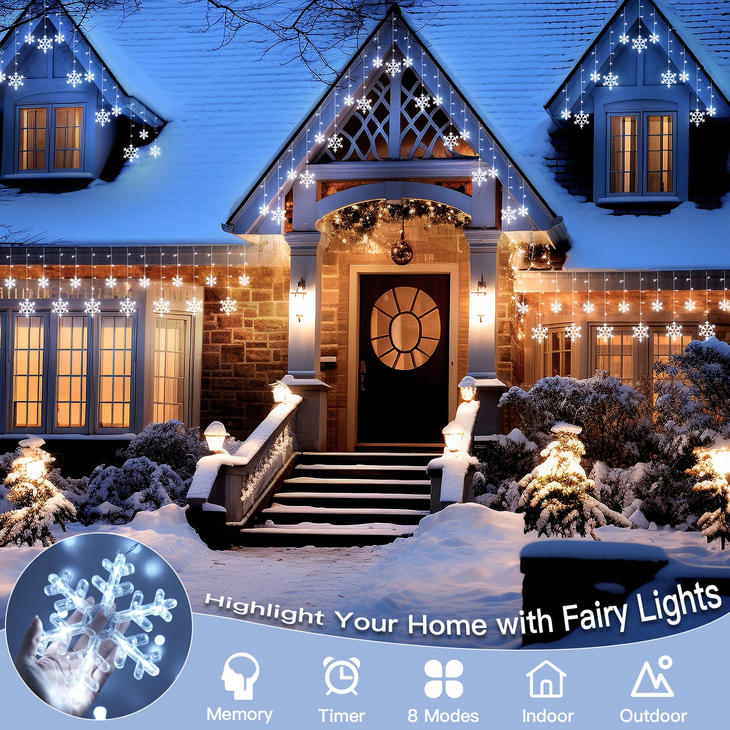 SUDDUS Snowflake Icicle String Lights – 168 LED / 10.7 ft Plug-in Hanging Drops with 14 Snowflake Drops, Connectable, White, Indoor/Outdoor Holiday Decor