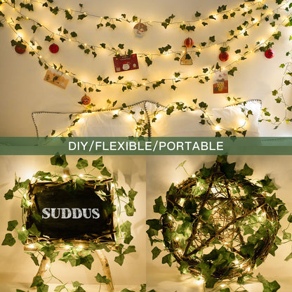 SUDDUS Vine Fairy Lights with Remote – Battery Operated Fairy Lights with Ivy & Pothos Leaves, 40 Warm White LEDs for Bedroom, Wall, Garden, Party, Wedding Decor