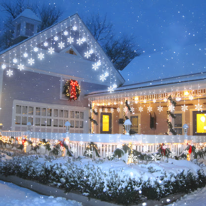 SUDDUS Snowflake Icicle String Lights – 168 LED / 10.7 ft Plug-in Hanging Drops with 14 Snowflake Drops, Connectable, White, Indoor/Outdoor Holiday Decor