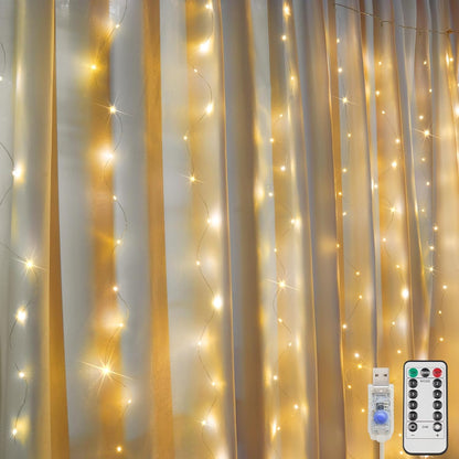 SUDDUS 200 LED USB Curtain Fairy Lights, 6.5×6.5 ft Plug-in String Lights with Remote, Timer & Dimming, Waterproof Indoor/Outdoor Window & Wall Decor