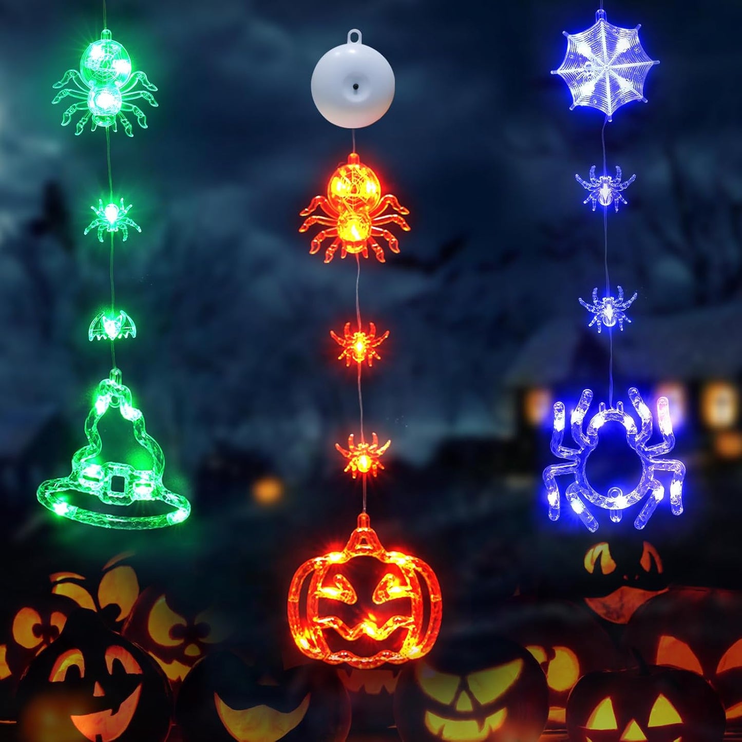 SUDDUS 3-Pack Halloween Window Lights – 20.9″ Pumpkin & Spider LED Battery-Operated Window Hangings with Suction Cups, Orange & Purple Decor
