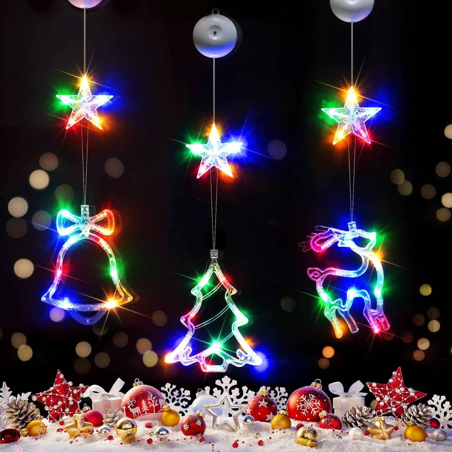 SUDDUS 3-Pack Battery Operated Window LED Lights with Suction Cups, Tree + Bell + Star Icons, Multicolor Hanging String Lights with Timer for Indoor Holiday Décor
