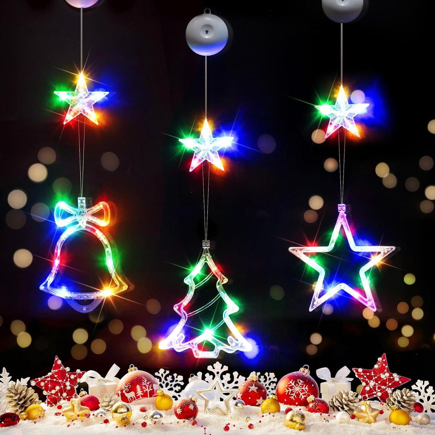 SUDDUS 3-Pack Battery Operated Window LED Lights with Suction Cups, Tree + Bell + Star Icons, Multicolor Hanging String Lights with Timer for Indoor Holiday Décor