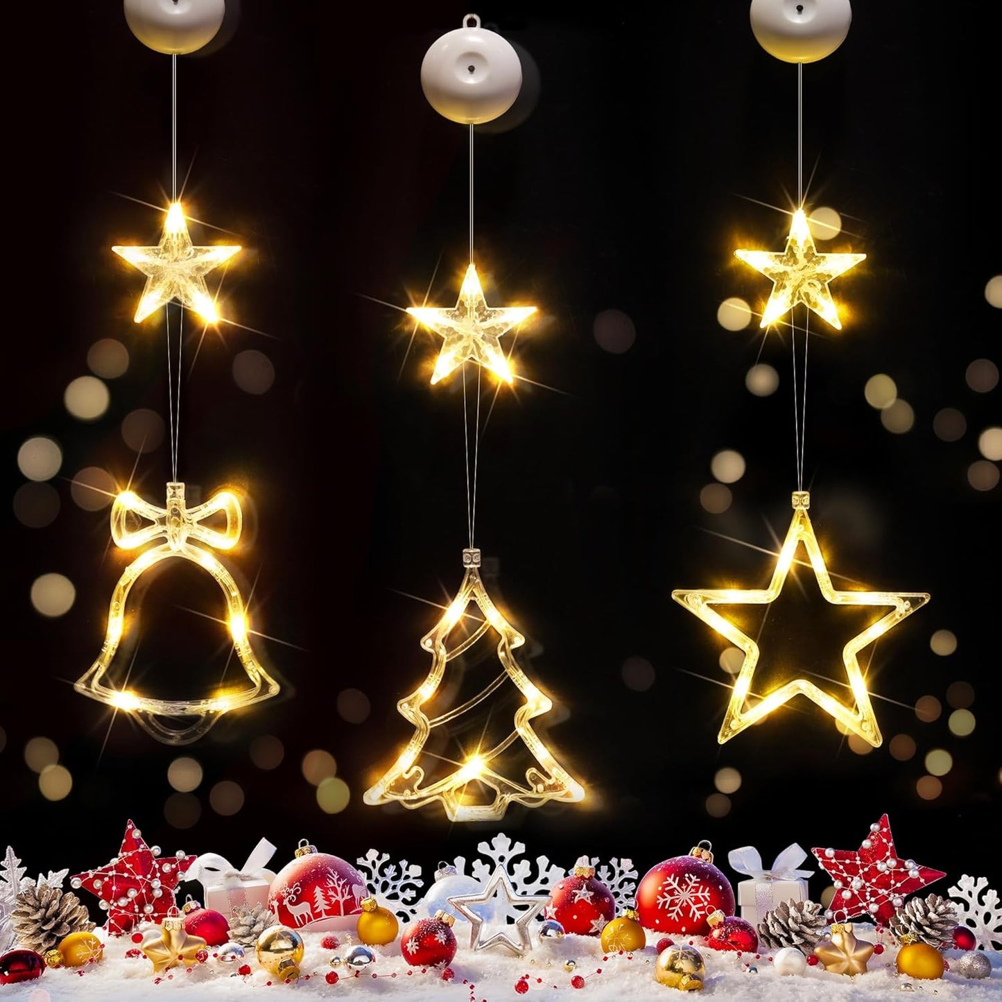 SUDDUS 3-Pack Battery Operated Window LED Lights with Suction Cups, Tree + Bell + Star Icons, Multicolor Hanging String Lights with Timer for Indoor Holiday Décor