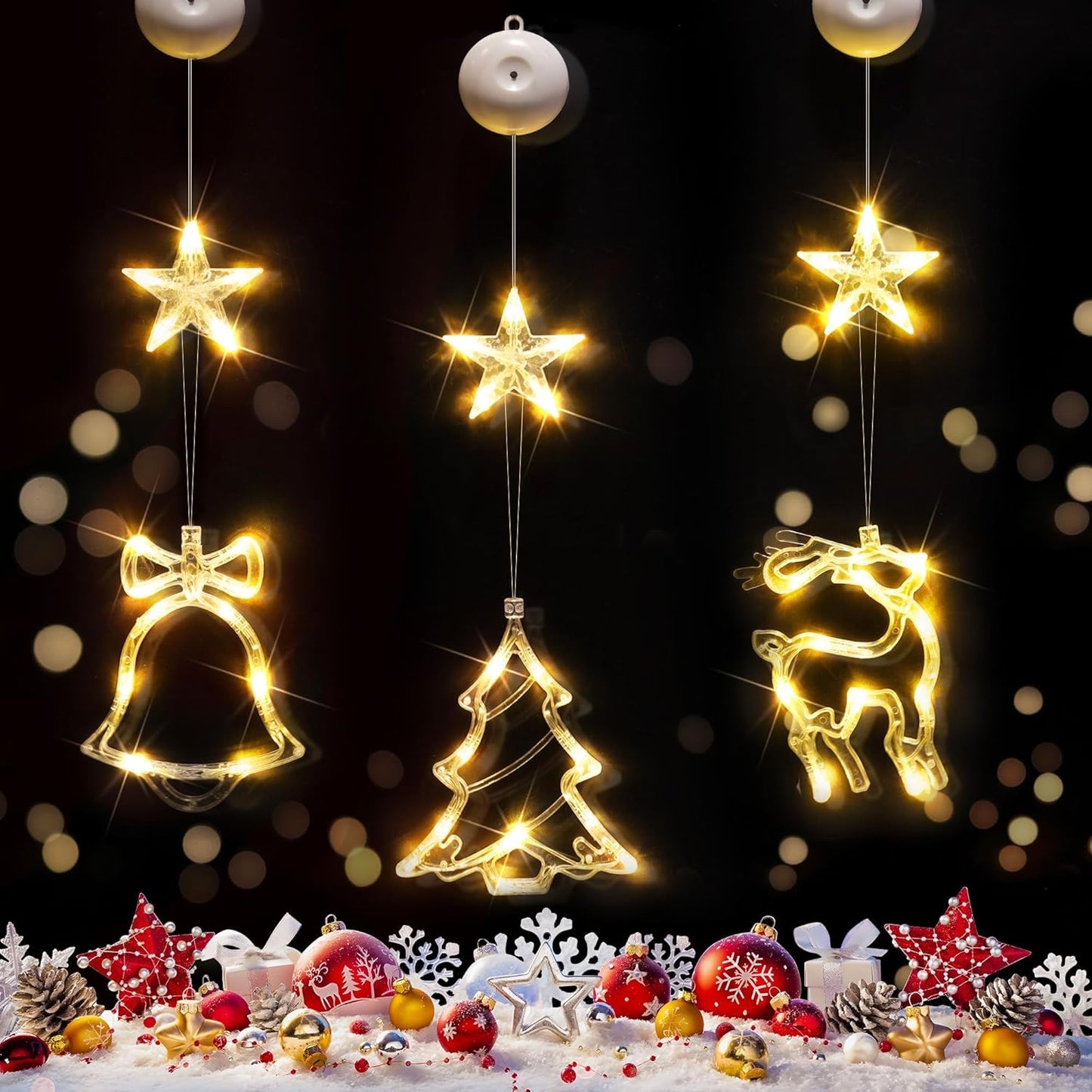 SUDDUS 3-Pack Battery Operated Window LED Lights with Suction Cups, Tree + Bell + Star Icons, Multicolor Hanging String Lights with Timer for Indoor Holiday Décor