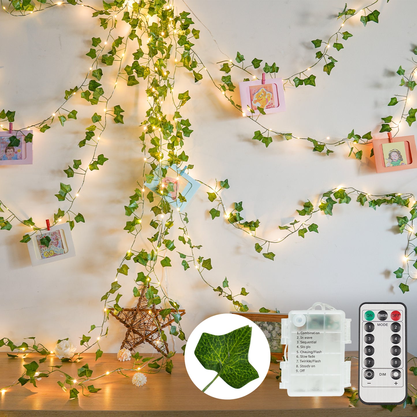 SUDDUS Vine Fairy Lights with Remote – Battery Operated Fairy Lights with Ivy & Pothos Leaves, 40 Warm White LEDs for Bedroom, Wall, Garden, Party, Wedding Decor