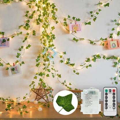 SUDDUS Vine Fairy Lights with Remote – Battery Operated Fairy Lights with Ivy & Pothos Leaves, 40 Warm White LEDs for Bedroom, Wall, Garden, Party, Wedding Decor