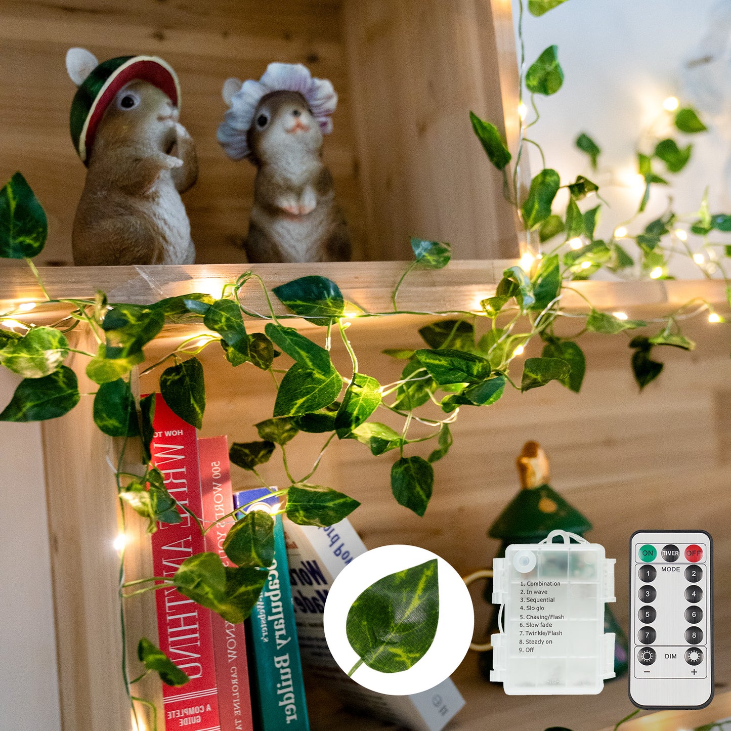 SUDDUS Vine Fairy Lights with Remote – Battery Operated Fairy Lights with Ivy & Pothos Leaves, 40 Warm White LEDs for Bedroom, Wall, Garden, Party, Wedding Decor