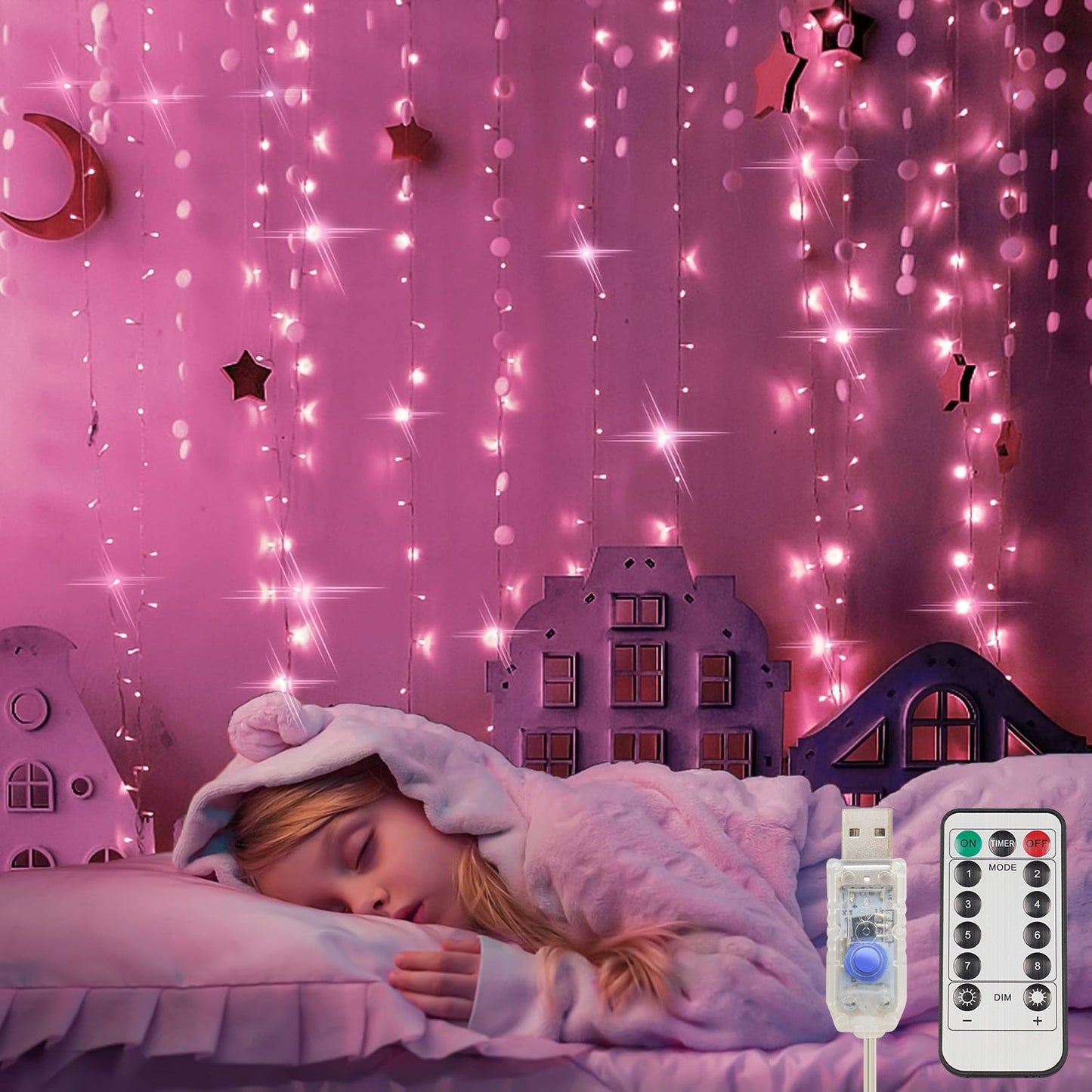 SUDDUS Curtain Fairy Lights, 200 LED USB String Lights for Bedroom, 6.5x6.5ft Hanging Lights with Remote & Timer, Indoor Outdoor Window Backdrop Decor for Christmas, Wedding, Party