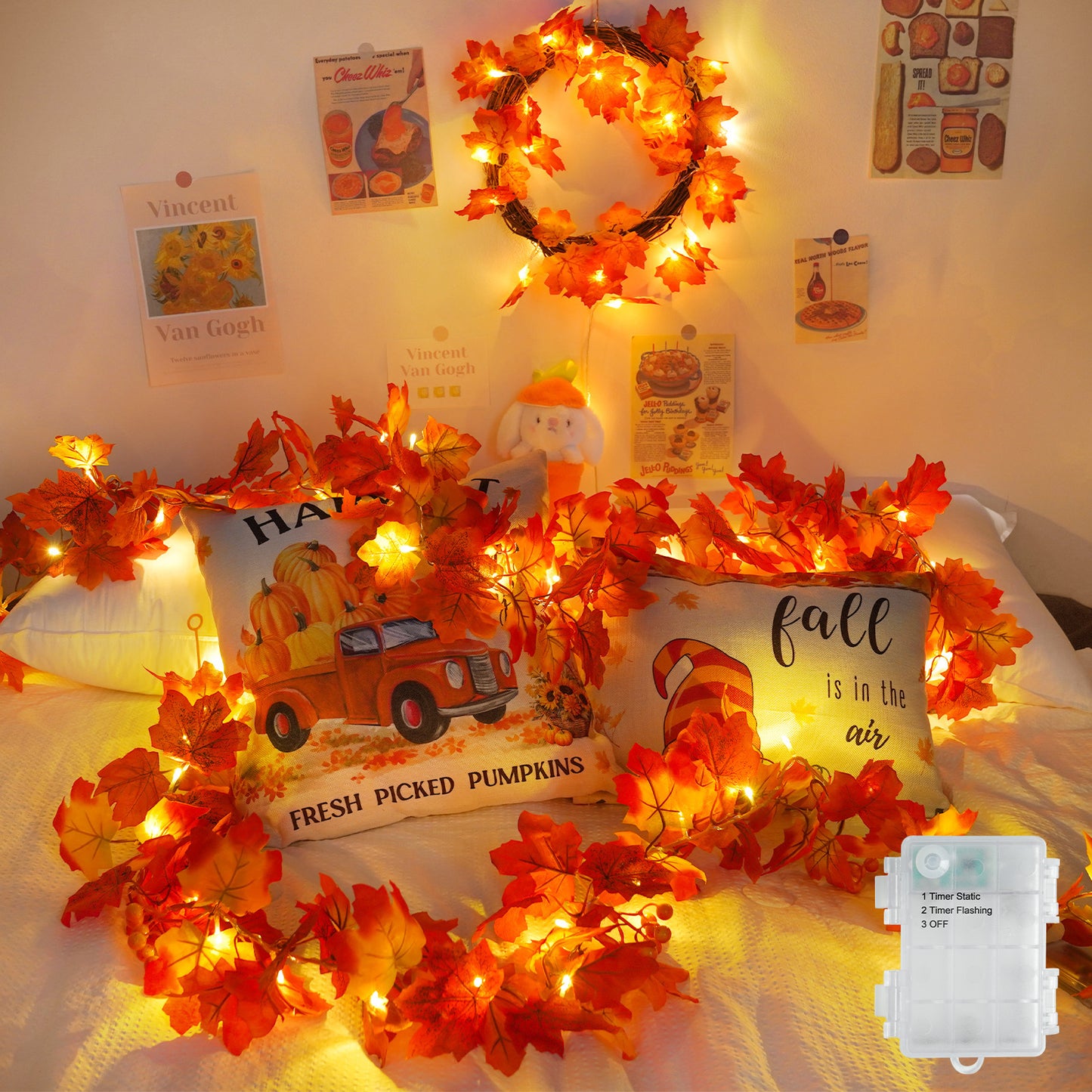 SUDDUS 6.5ft Battery-Operated Fall Leaf Garland with 20 LEDs, Timer & Realistic Maple Leaves with Berries – Indoor/Outdoor Autumn Décor